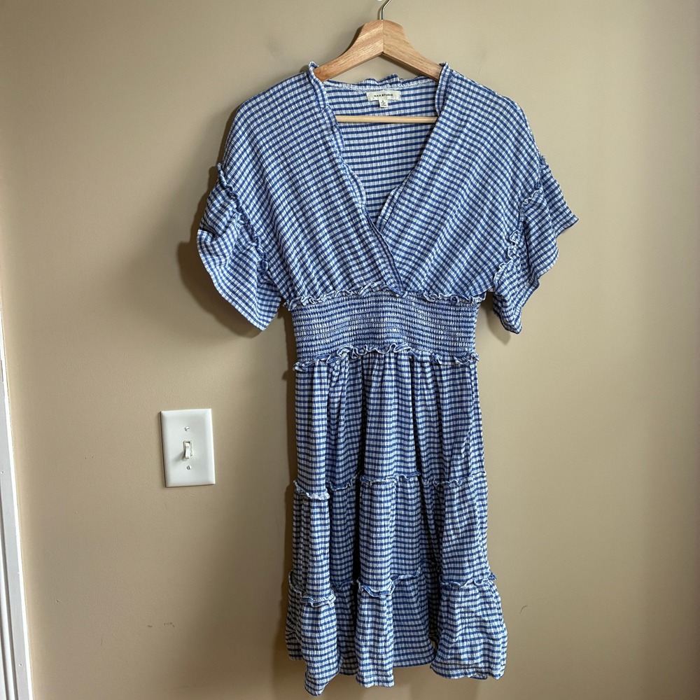 Max Studio Gingham Smocked Tiered Dorothy Dress S Blue Women Flutter Sleeve